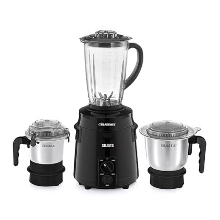 Sujata Supermix Mixer Grinder | 900 Watts Double Ball Bearing Motor | 22000 RPM | Non-Stop 90 Mins Running | 3 Jars including 1750ml Blender, 1000ml Grinder, 500ml Chutney Jar | Black