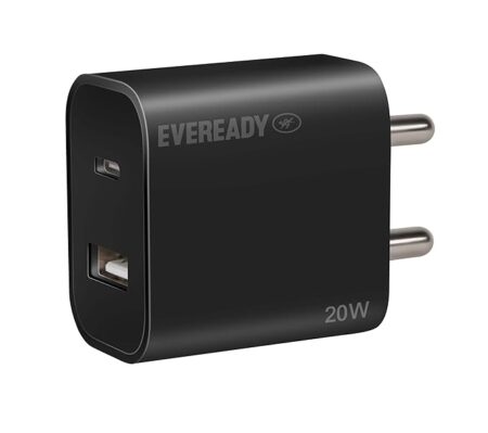 Eveready 20W USB Type C Fast Charger with Dual Device Charging Compatibility,Compact & Travel-Friendly Design,Complete Protection Against Overvoltage & Overload at Output,Universal Compatibility,Black