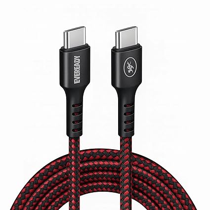 Eveready Nylon Braided Charging Cable 60W Type-C to Type-C 3A, 1.5m Universally Compatible Premium Braided Cable, Data Transfer, USB 2.0 Compatibility, Tangle-Free Flexible Design with Bend Protector